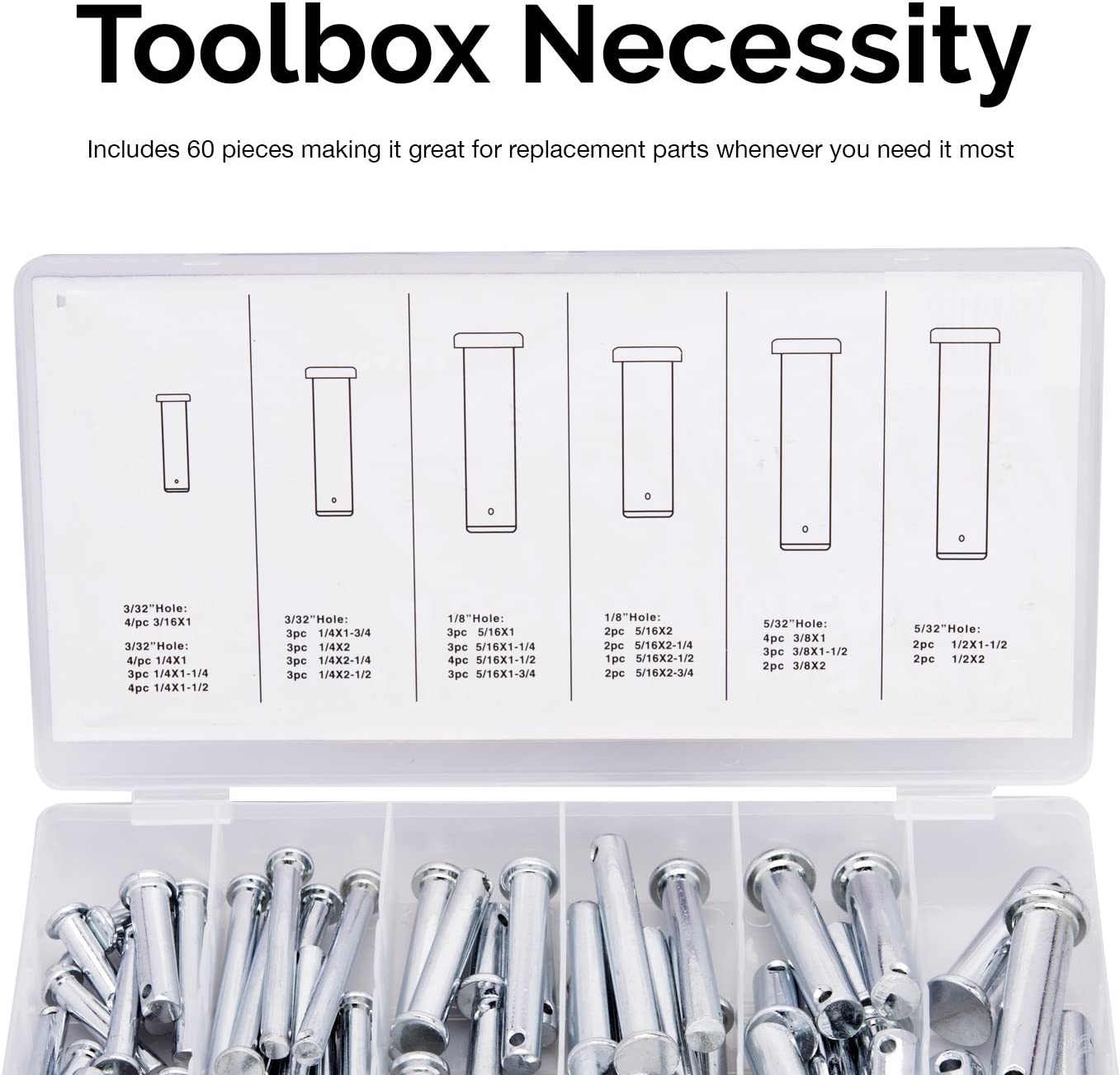 Clevis Pin Assortment Kit — Zinc-Plated Steel, 3 Hole Sizes (60-Piece)