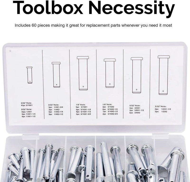 NEIKO 50414A 60 Piece Clevis Pins Assortment Kit, Zinc Construction 3/32”,1/8”, and 5/32” Hole Sizes, 3 Different SAE Sizes, Steel Pin, Single Hole Flat Head Clevis Pins
