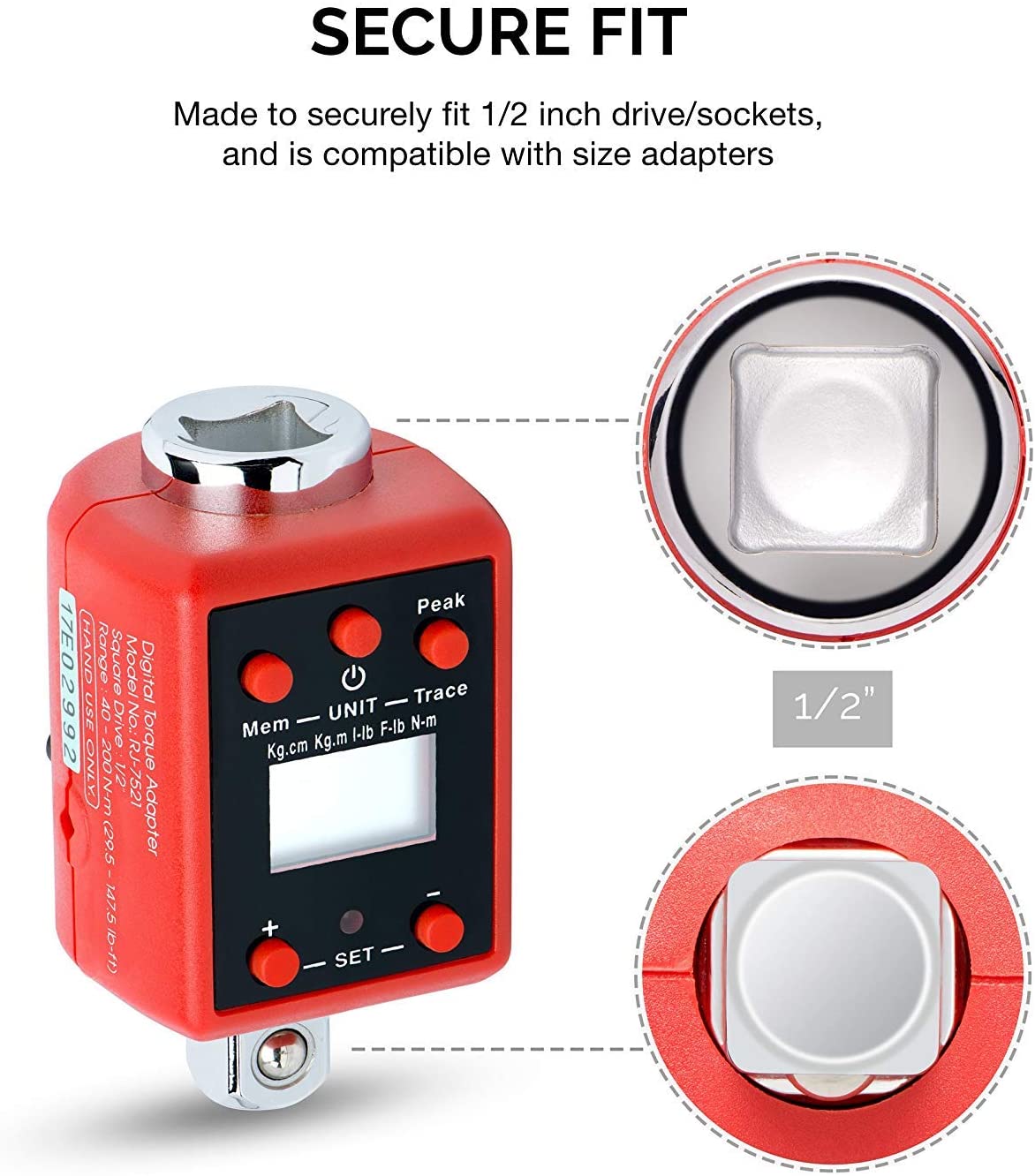 1/2" Digital Torque Adapter — 29.5–147.5 Ft-Lb, ±2% Accuracy