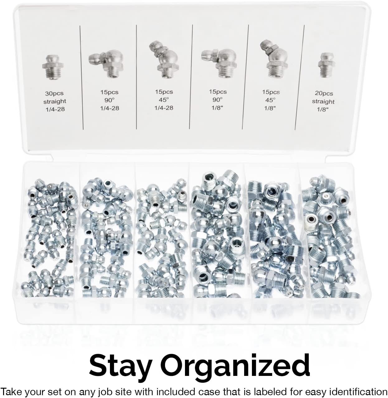 Grease Fitting Assortment — SAE, Straight & Angled Zerk Kit, A3 Steel (110-Piece)