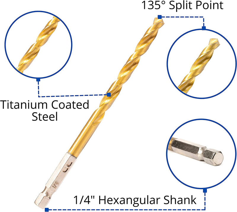 NEIKO 10171A Hex-Shank Drill-Bit Set, Titanium Quick-Change Drill Bits, High-Speed Steel, Wood, Metal, and Plastic Drills, SAE Sizes, 13-Piece Set