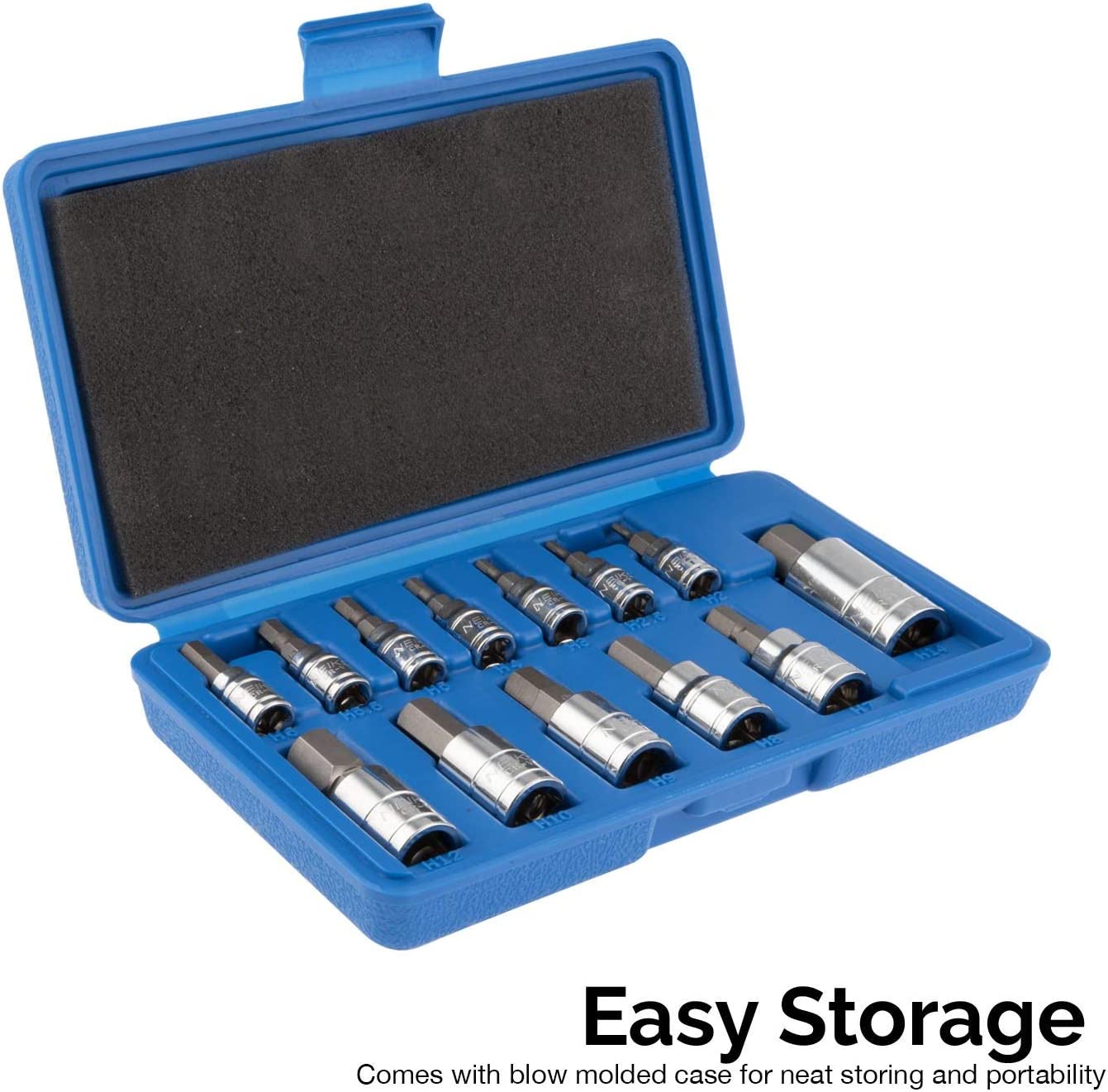 Metric Hex Bit Socket Set S2 & Cr-V Steel, 1/4", 3/8" & 1/2" Drive, 2mm to 14mm (13-Piece)