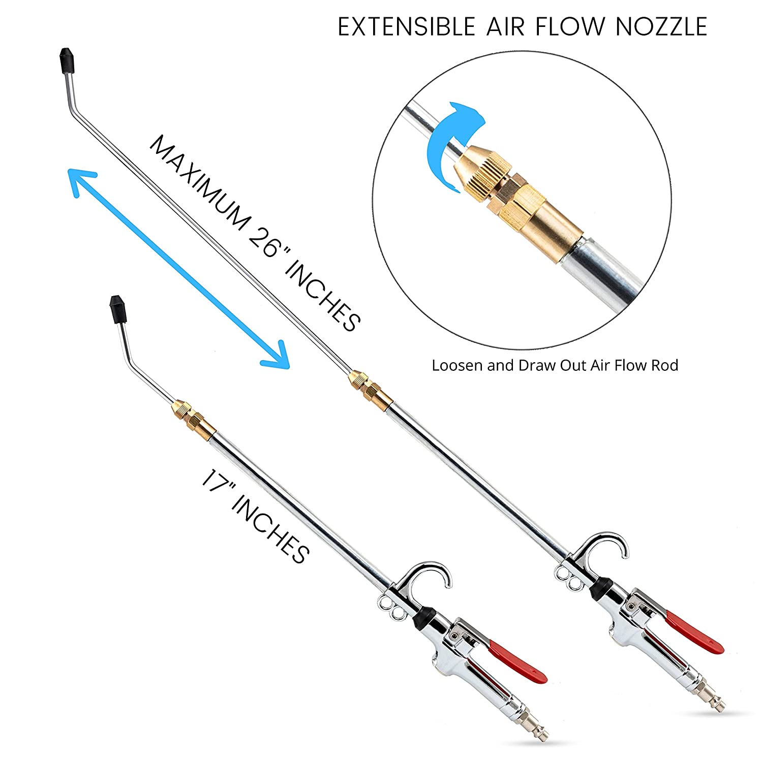High-Flow Extensible Air Blow Gun — 17"–26", 360° Swivel Hook