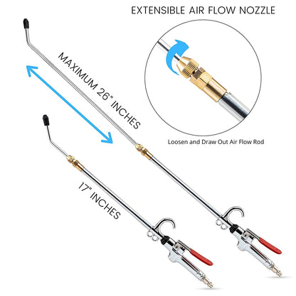 NEIKO 31122A High Flow Air Blow Gun, 17-26 Inch Extensible Air Nozzle Blow Gun, Pneumatic Air Compressor Accessories, Blow Gun Air Tool, Operating Pressure 80-120 PSI, 360 Degree Swivel Hook