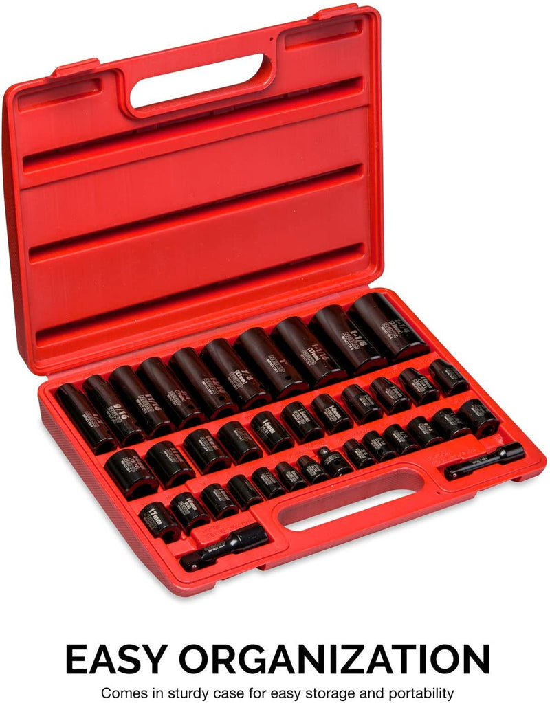 NEIKO 02443A 3/8" and 1/2" Drive Master Impact Socket Set | 38 Piece | Standard SAE (Inch) and Metric (mm) Sizes Below | Deep and Shallow Kit | Cr-V Steel | Includes Duometric Sockets