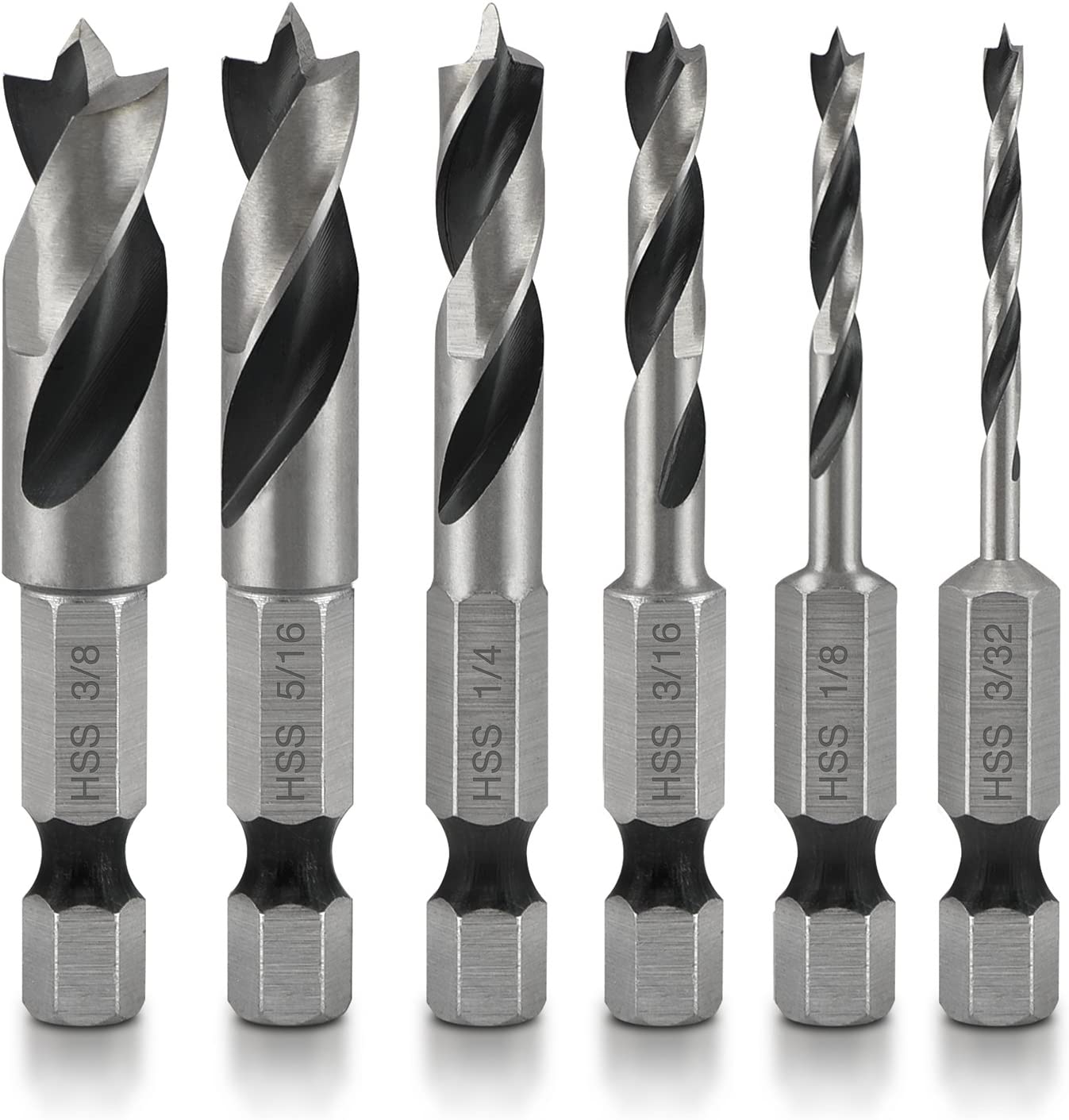 Brad Point Drill Bit Set, Stubby Drill Bit Set for Wood, 1/4" Quick Change Hex Shank (6-Piece)