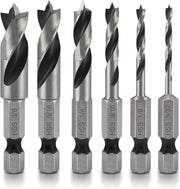 Brad Point Stubby Drill Bit Set — HSS, 1/4" Hex Shank, Short Length (6-Piece)