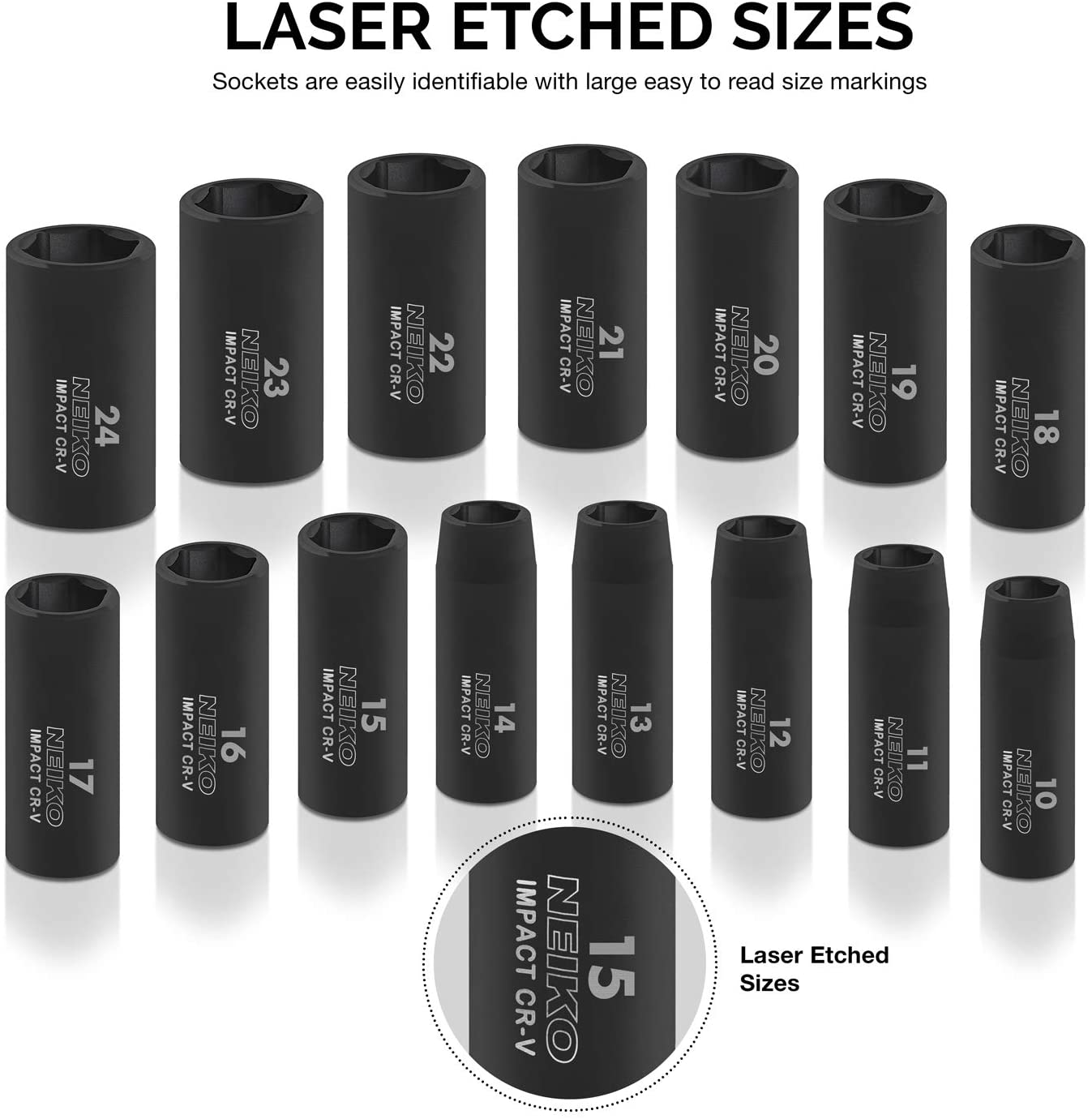1/2" Impact Socket Set Metric Socket Set 10-24 mm, Deep Sockets, 6 Point (15-Piece)