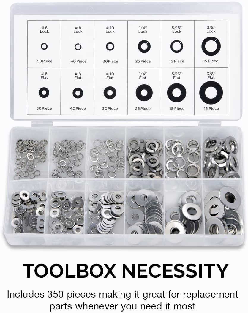 Stainless Steel Lock & Flat Washer Assortment — 12 Sizes (350-Piece)
