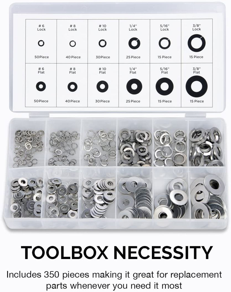 NEIKO 50400A Stainless Steel Lock and Flat Washer Assortment | 350 Piece Set | 12 Different Sizes in Spring Lock and Flat Design | Prevent Loose Fasteners