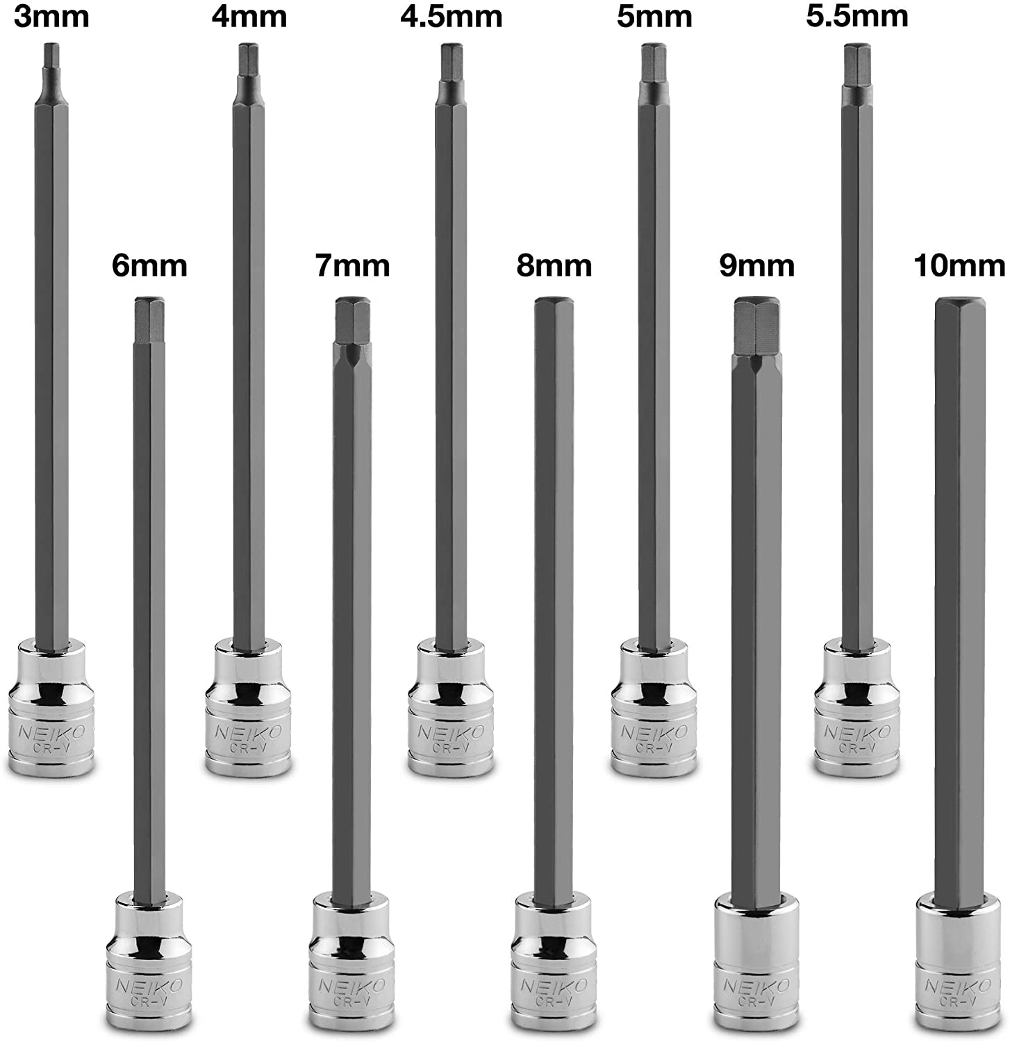 3/8” Drive Metric Extra Long Allen Hex Bit Socket Set, 10 Pieces, Sizes 3mm – 10mm