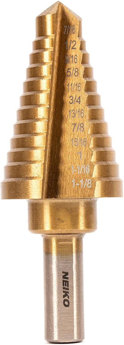 NEIKO 10189A Titanium Step Drill Bit, High-Speed Alloy Steel Bit, Hole Expander for Wood and Metal, 12 Step Sizes from 7/16 Inches to 1 1/8 Inches