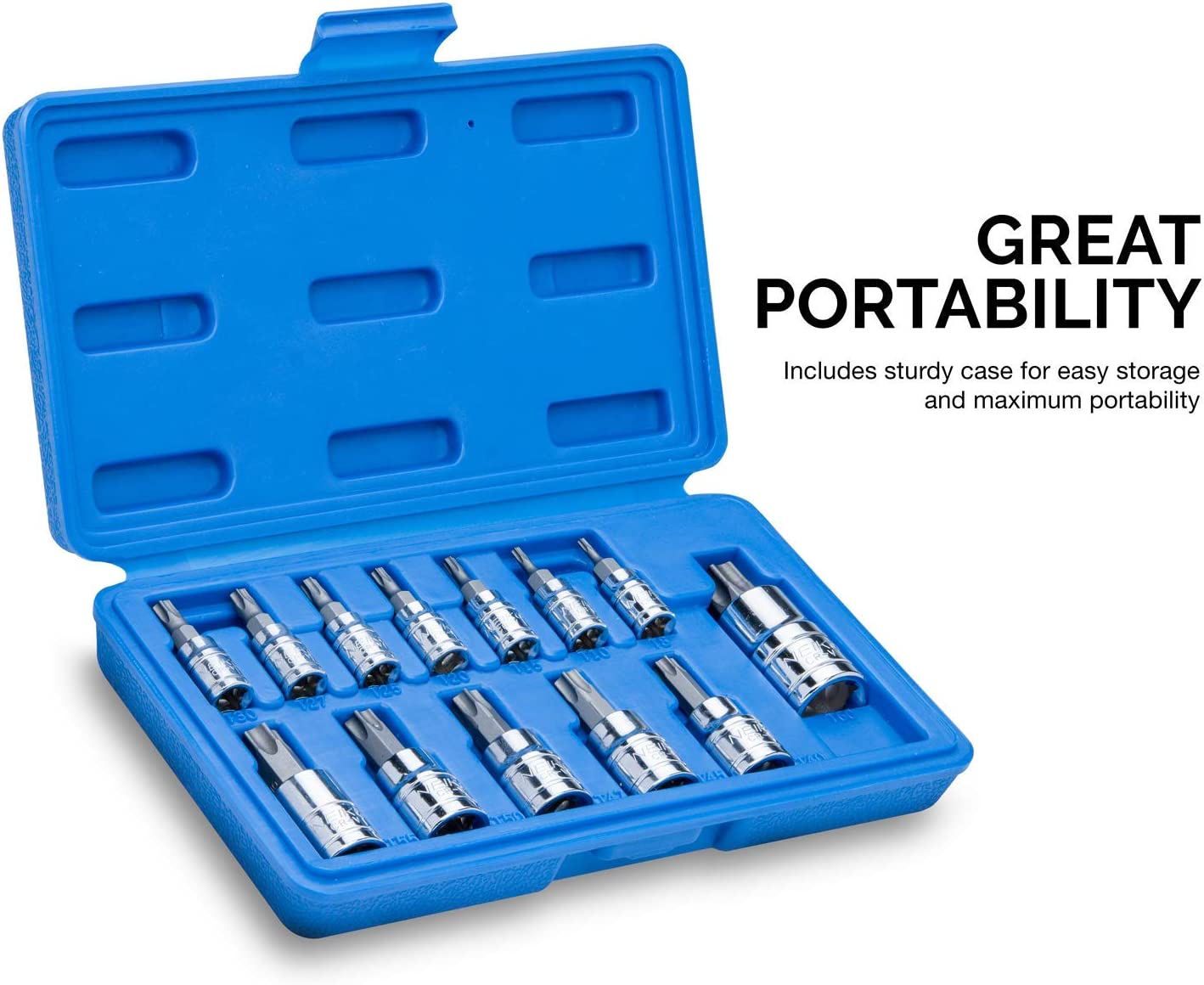 Torx Bit Socket Set, S2 & Cr-V Steel, 1/4", 3/8" & 1/2" Drive, 2mm to 14mm, Torx Bit Set (13-Piece)