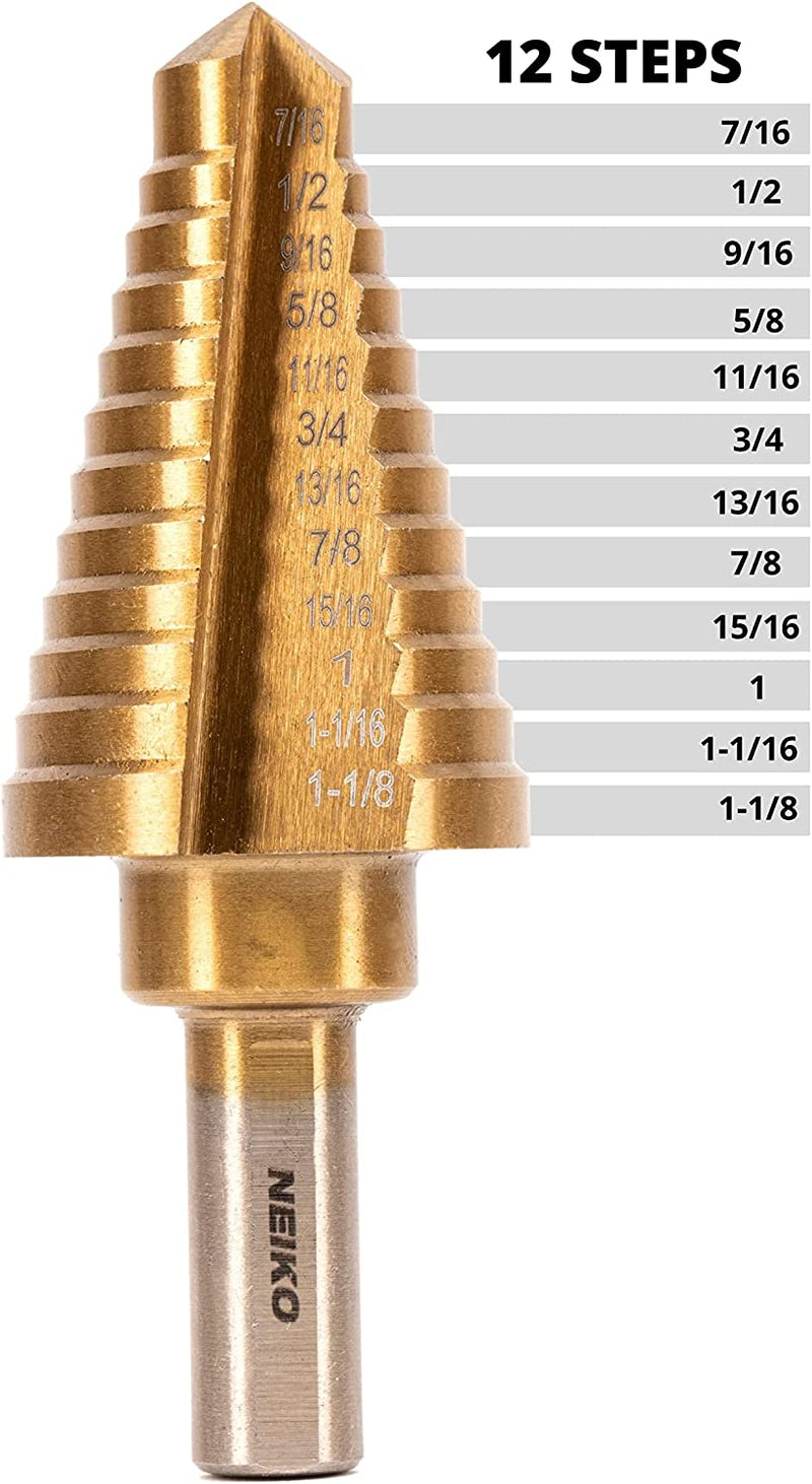 NEIKO 10189A Titanium Step Drill Bit, High-Speed Alloy Steel Bit, Hole Expander for Wood and Metal, 12 Step Sizes from 7/16 Inches to 1 1/8 Inches