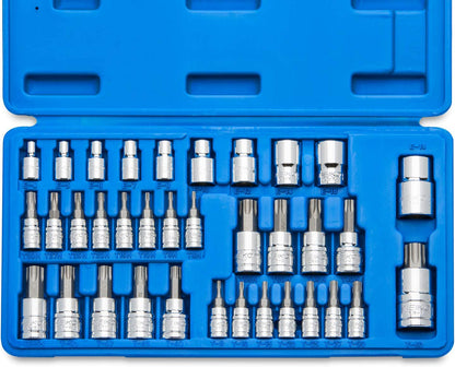 Neiko 10070A Torx Bit Socket and E-Torx Star Socket Set | 35-Piece Set, S2 and Cr-V Steel, 1/4”, 3/8” and 1/2-Inch Drive