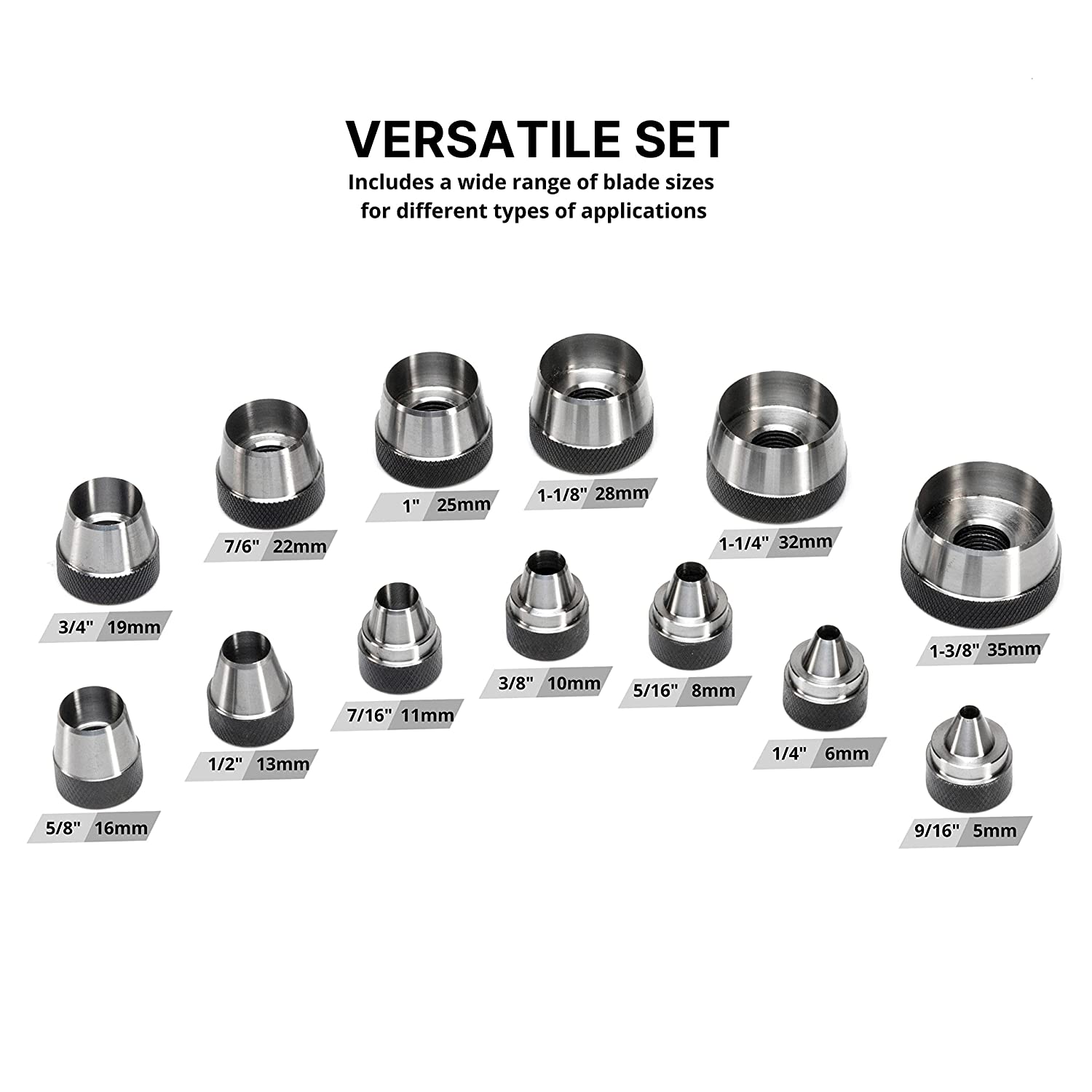 NEIKO 02604A Hole Punch Set | SAE & Metric, 3/16” – 1-3/8” & 5 – 35mm | 14 Piece Sharp Hollow Hole Punch Kit, Gasket Cutting Puncher, Foam Cutter, & Leather Hole Punches | 6” Interchangeable