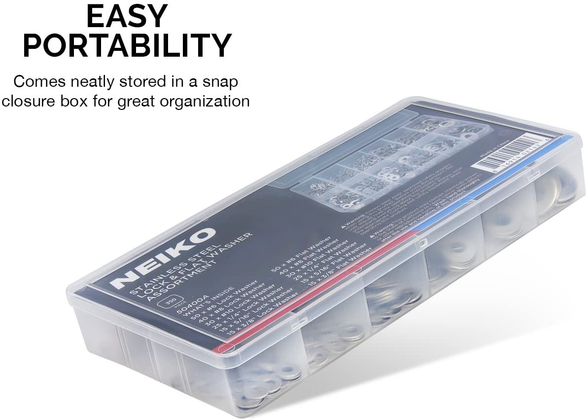 Stainless Steel Lock & Flat Washer Assortment — 12 Sizes (350-Piece)