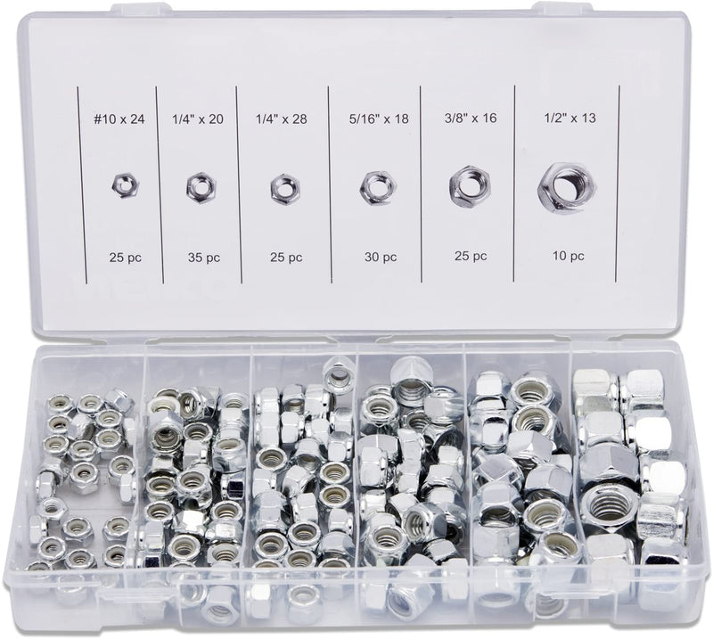 NEIKO 50432A Hex Nut Assortment Set | 150 Pc Nylon Locking Nuts | A3 Steel Hex Assorted Hardware Kit