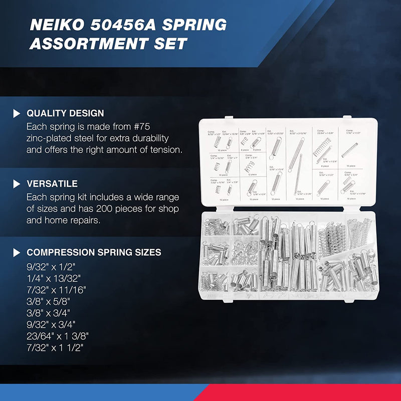 NEIKO 50456A Spring Assortment Set, 200 Piece, Extension and Compression Springs Kit, Zinc Plated Steel Mechanical Compression Springs, Assorted Size Small Springs for All Types of Home Repairs & DIY