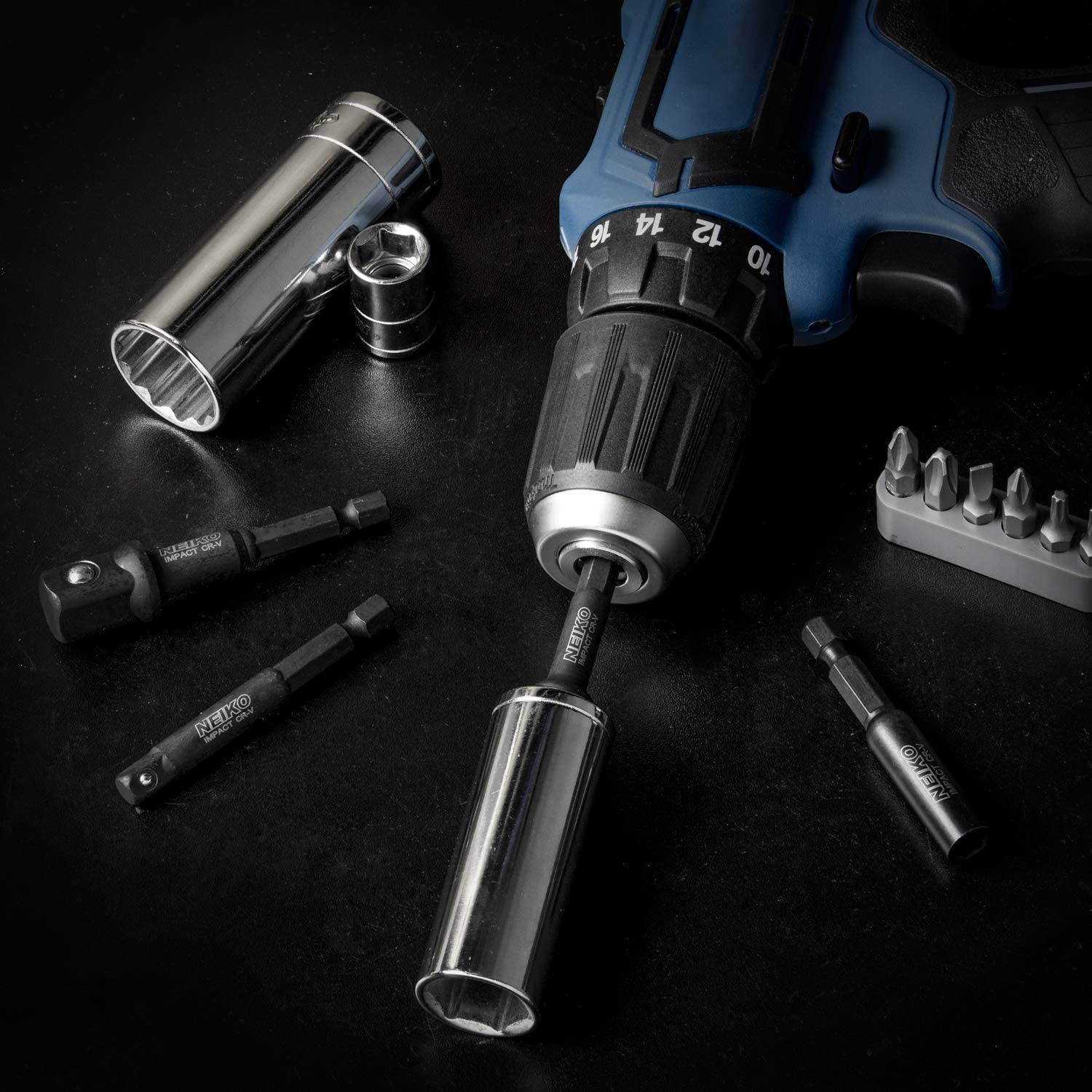 Impact Socket Adapter & Magnetic Bit Holder Set 1/4" Hex Shank with 1/4, 3/8, 1/2" Drives (4-Piece)