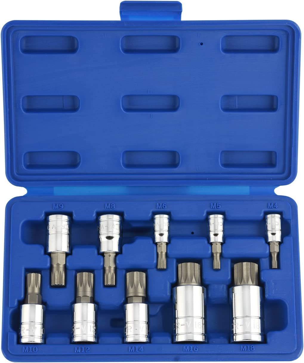 1/4", 3/8" & 1/2" Drive XZN Triple Square Spline Bit Socket Set Cr-V Sockets & S2 Steel Bits (10-Piece)
