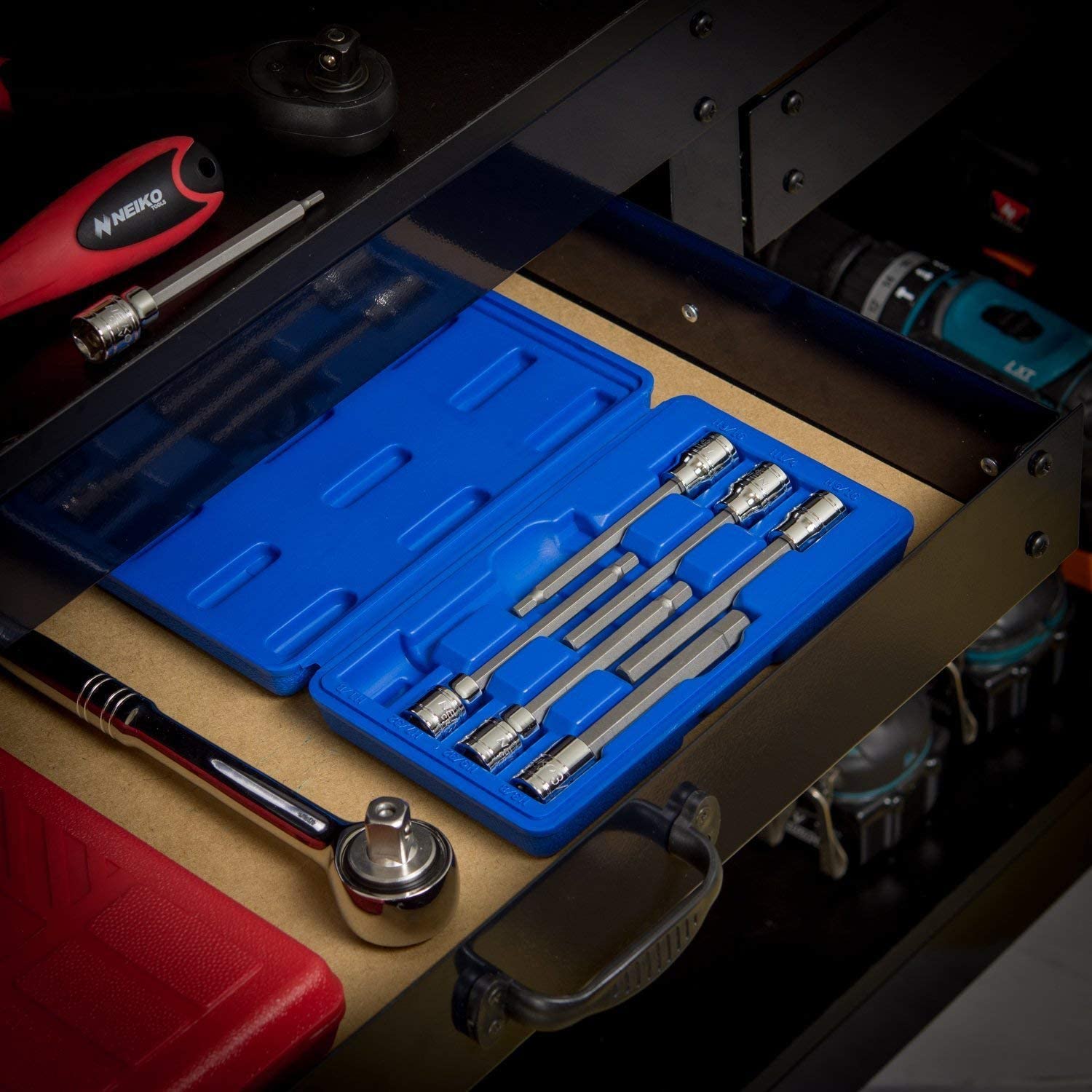 3/8" Drive Extra Long Allen Hex Bit Socket Set, SAE, 1/8" - 3/8", S2 & Cr-V Steel (7-Piece)