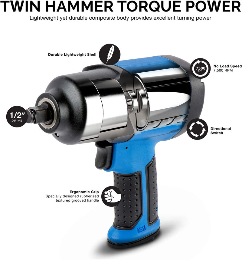 NEIKO 30128A Composite Air Impact Torque Wrench | 1/2-Inch Square Drive | 600 Ft-Lbs. | Twin Hammer | Pneumatic Tool