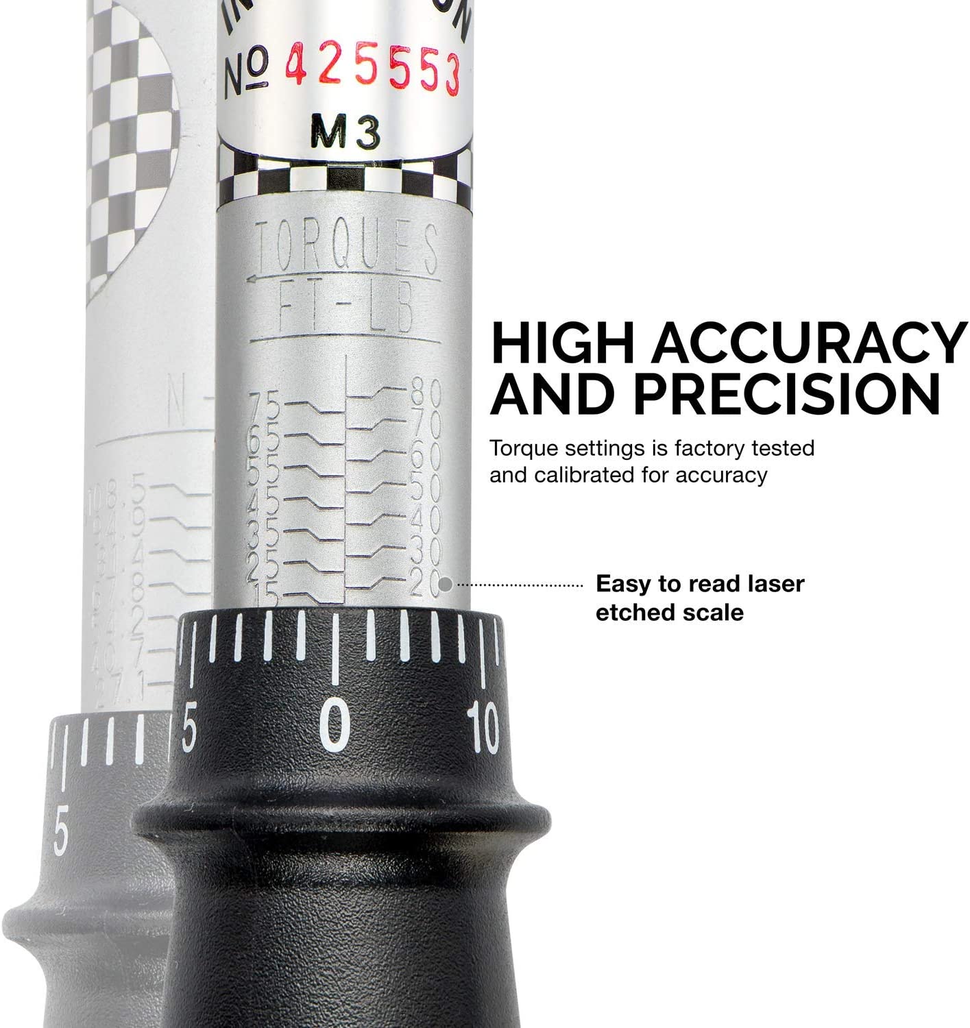 3/8" Torque Wrench, 3/8” Drive SAE, 15-80 Ft-Lb, 14” Length, Adjustable Click Torque Wrench