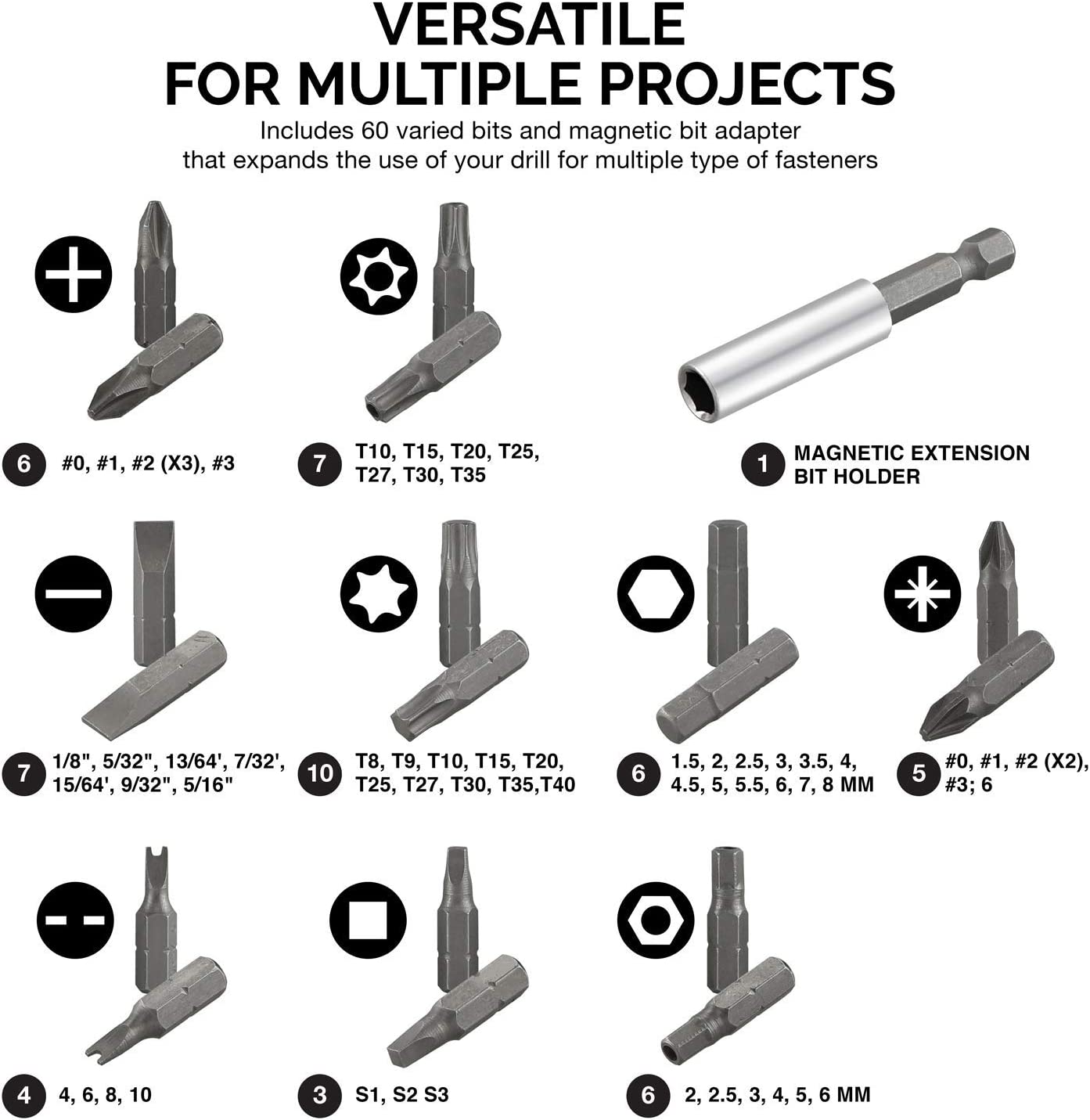 Security Bit Set with Magnetic Extension Adapter — 1/4" Hex Shank, CrV Steel (61-Piece)