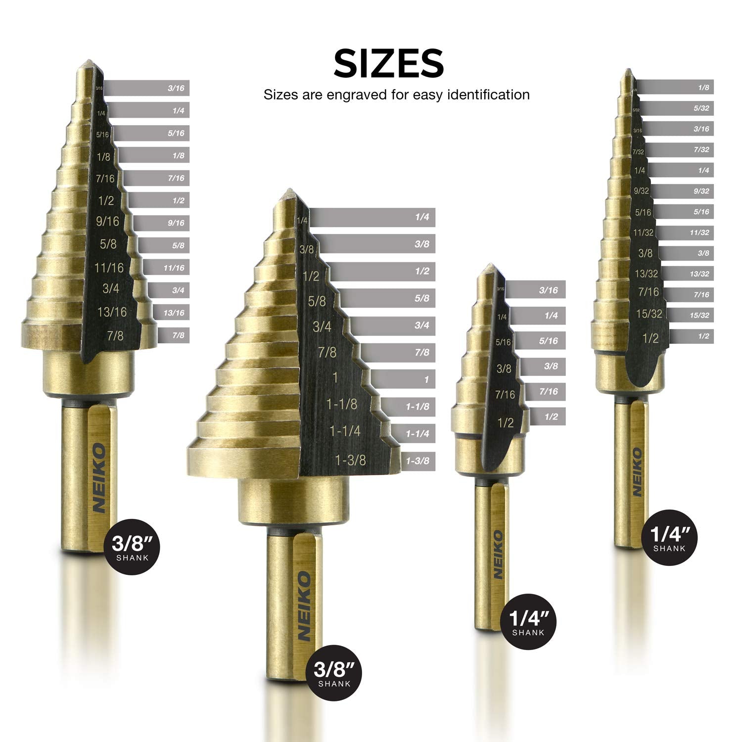 Step Drill Bit Set & Automatic Center Punch, 5 Piece, 41 SAE Sizes Total, 1/8” – 1-3/8”