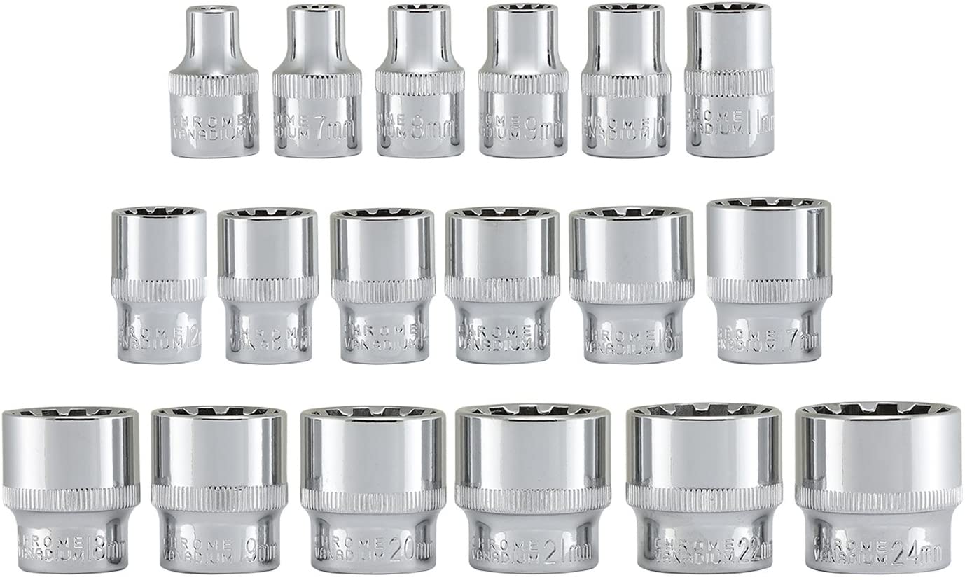 3/8" Drive Universal Spline Socket Set — 8-in-1, Metric & SAE, CrV (18-Piece)