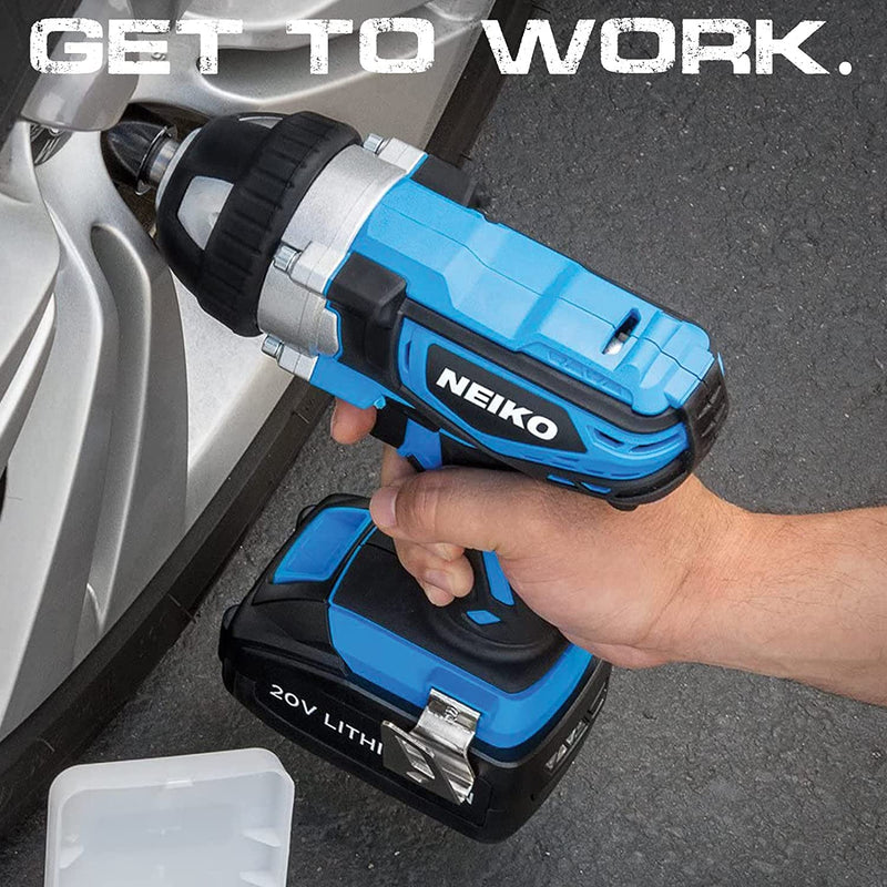 NEIKO 10878A 20V 1/2" Cordless Impact Wrench 1/2-Inch Chuck with Battery, Fast Charger and 4 1/2" Drive Sockets, High Torque Electric Impact Wrench Kit with Adjustable Torque Power, Impact Gun for Car