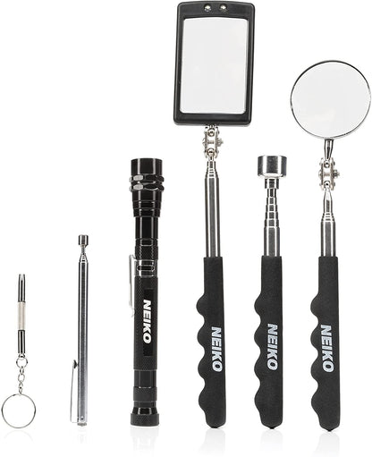 NEIKO 20736A (6) Piece Set, Magnetic Tool & Telescoping Mirror Set, Adjustable Telescoping Magnetic Pickup Tool, Flashlight 15lb Retriever Tool, 360 Swivel, Magnet Mirror, Magnetic Tools for Mechanic