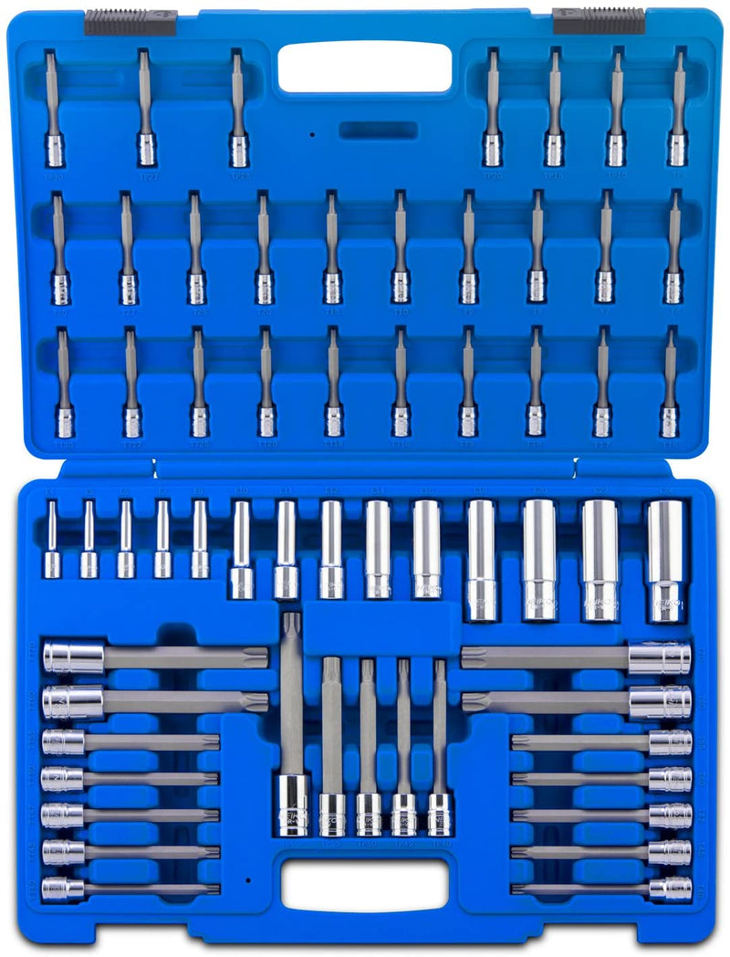 NEIKO 10287A Extra Long Socket Bits and Deep Socket Set | 60 Piece | S2 Tamperproof Torx Plus Bits and Cr-V Steel E-Torx Sockets