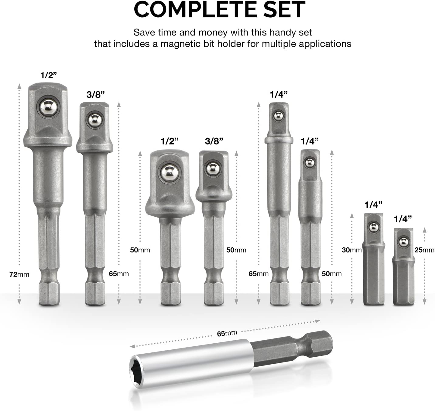Socket Adapter Extension Drill-Bit Set, Includes 1/4-, 3/8-, & 1/2" Drives (9-Piece)