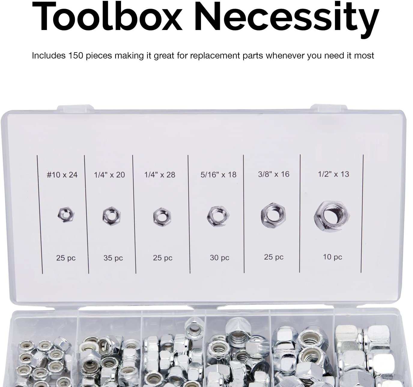 SAE Nylon Lock Nut Assortment — A3 Steel, 6 Sizes (150-Piece)