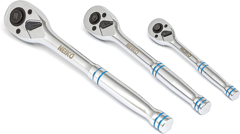 NEIKO 03000A Ratchet Set | 3 Piece Quick Release | 1/4”, 3/8”, & 1/2 Inch Drive | 3.6 Degree Swing |100 Tooth | Reversible | CR-MO Gear with Polished CR-V Handle | Teardrop Head | EVA Storage