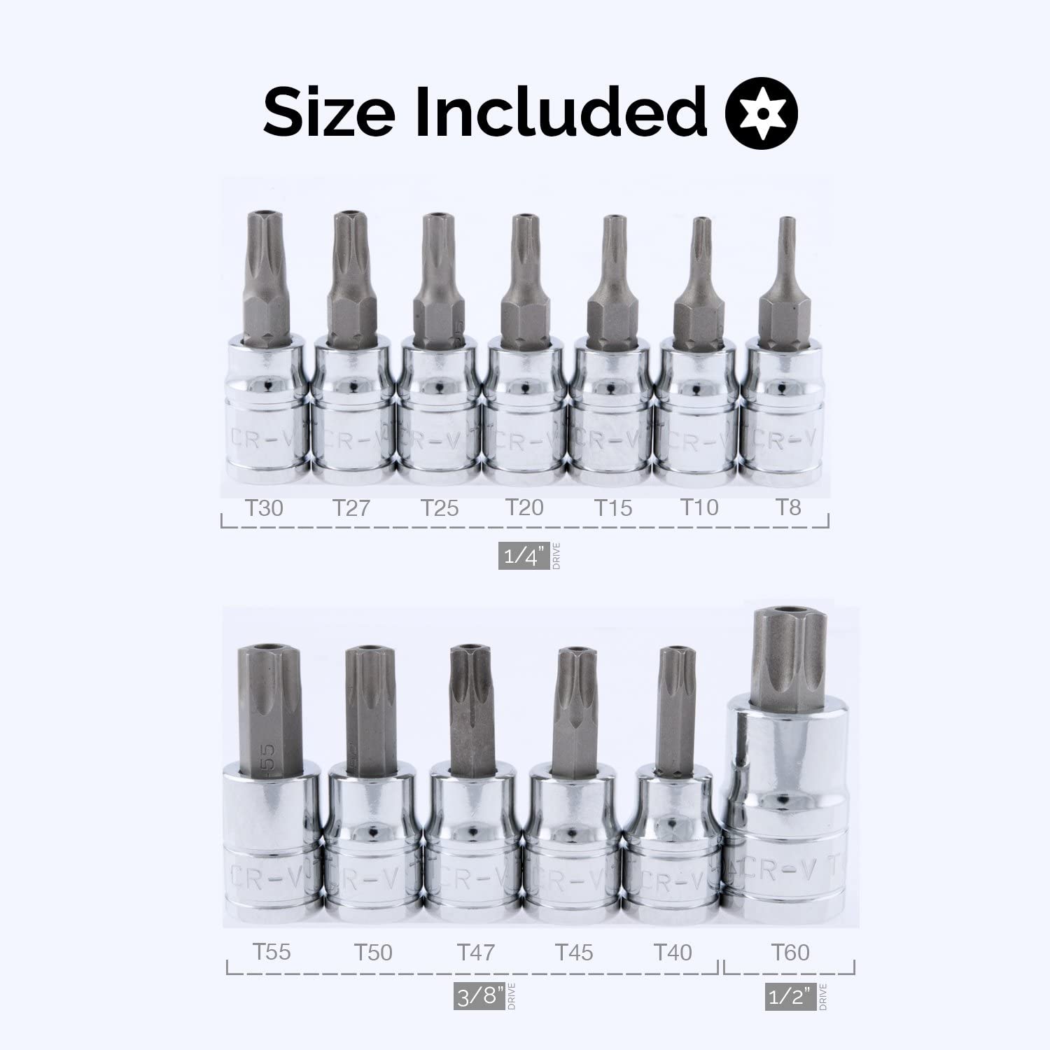 Torx Bit Socket Set, S2 & Cr-V Steel, 1/4", 3/8" & 1/2" Drive, 2mm to 14mm, Torx Bit Set (13-Piece)
