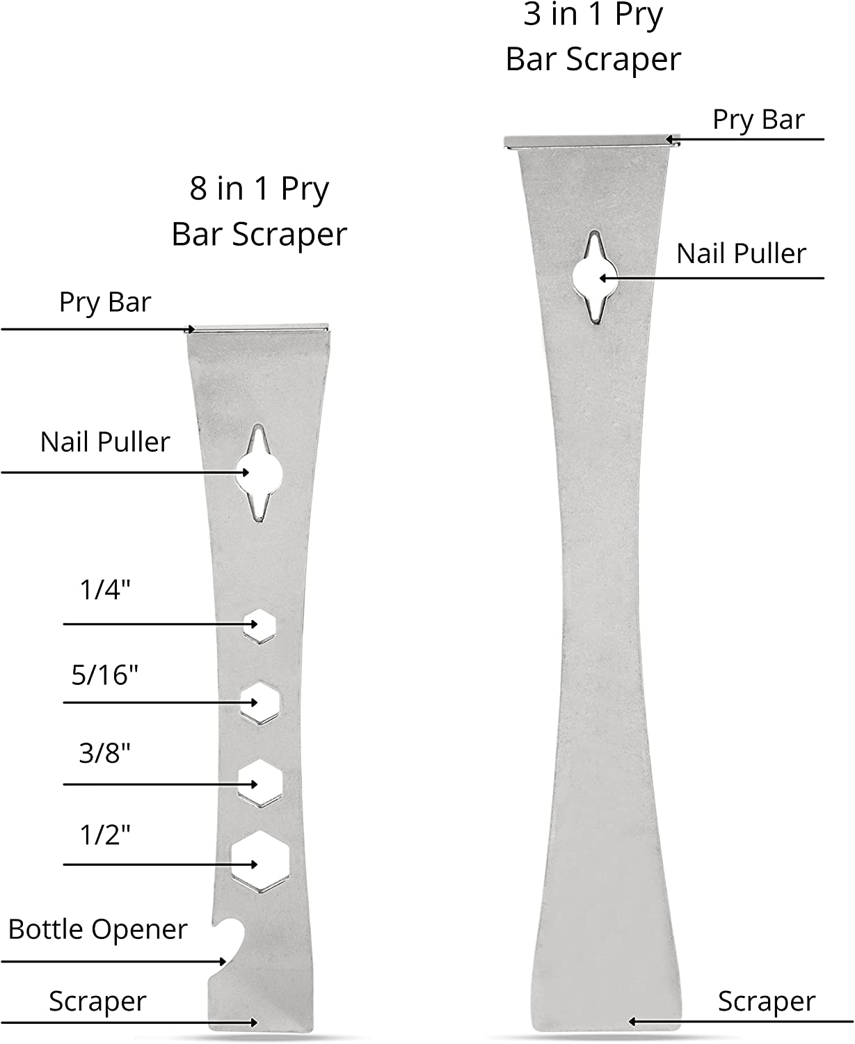 NEIKO 00250A Pry Bar Set, 2 Pc Stainless Steel Flat Bar Crowbar, Hex Wrench, Small Pry Bar, 6-1/2” Mini Crow Bar & 9-1/2” Pry Tool, Molding, Scrape, Nail, Baseboard Trim Puller, & Prop Bottle Opener