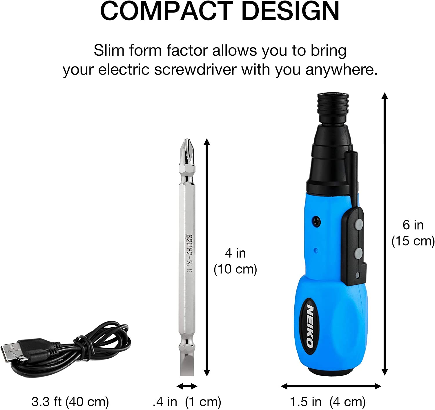 Cordless Power Screwdriver — 3.6V Li-Ion, 1/4" Hex, LED, USB Rechargeable