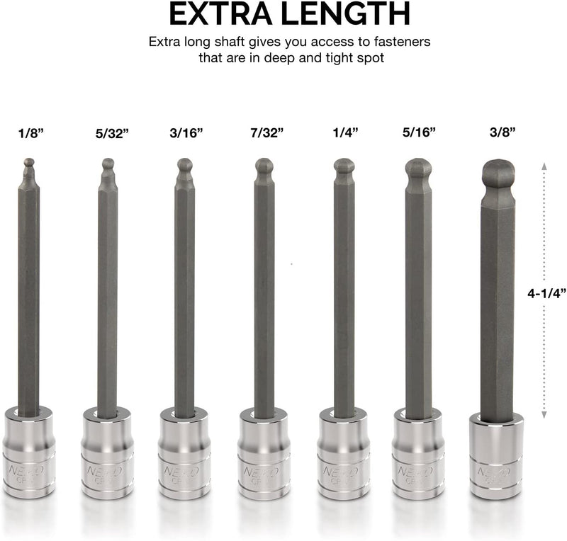 NEIKO 10244A 3/8-inch Drive Extra Long Ball End Hex Bit Socket Set, S2 Steel | 7-Piece Set | SAE 1/8 to 3/8-inch