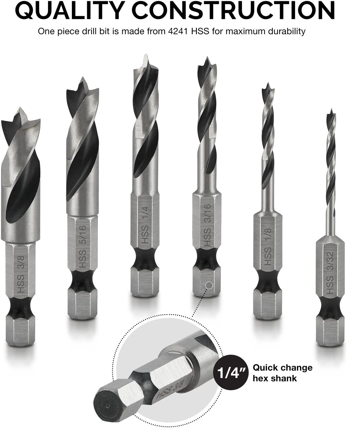Brad Point Drill Bit Set, Stubby Drill Bit Set for Wood, 1/4" Quick Change Hex Shank (6-Piece)