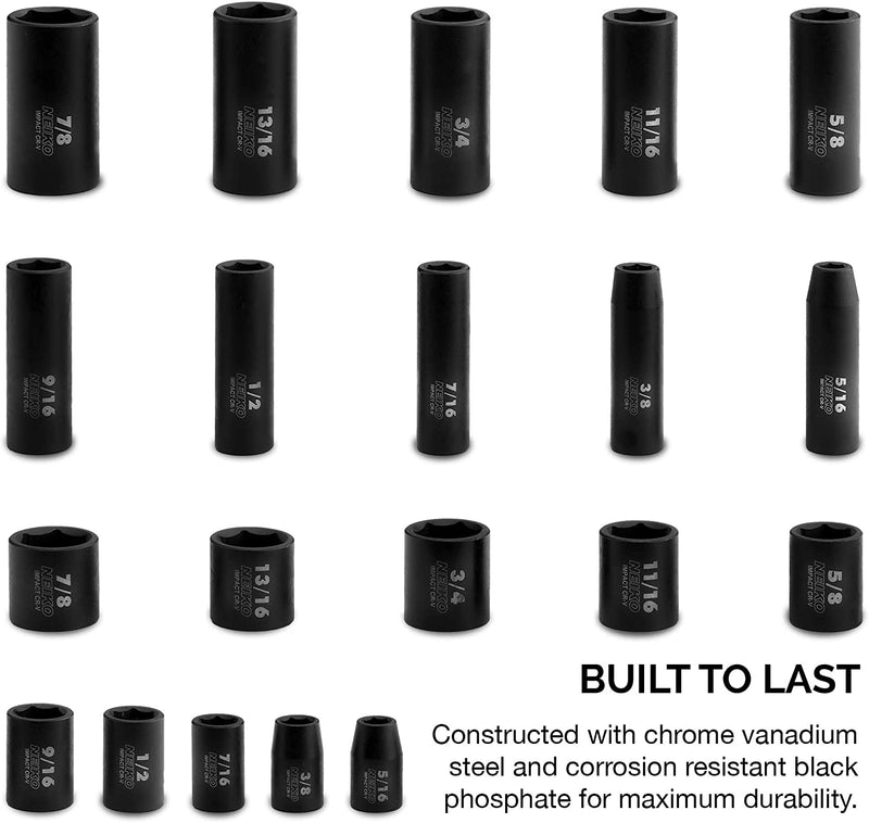 NEIKO 02434A 3/8-Inch-Drive Standard and Deep Impact Socket Set, 6-Point SAE Sizes from 5/16" to 7/8", CrV Steel, 20 Pieces