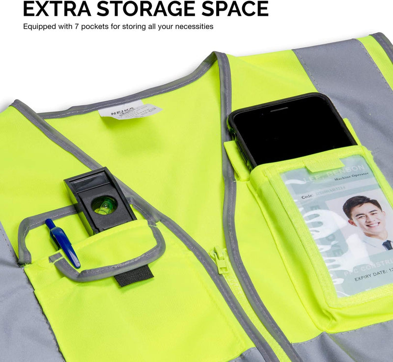Neiko 53995A X-Large Ultra Reflective Safety Vest with Reflective Stripes & Zipper, Visibility Strips on Neon Yellow for Emergency, Safety Vest for Men and Women, Adult Safety Vest