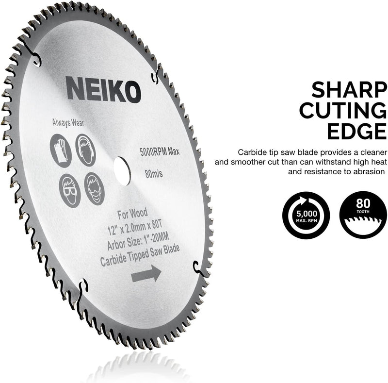 NEIKO 10768A 12" Carbide Chop Saw Blade, 80 Tooth with 1-Inch Arbor, Compatible with Miter, Table, Radial Arm, Cut-Off, Standard Circular Saws, for Home Building, Construction, Woodworking, Forest