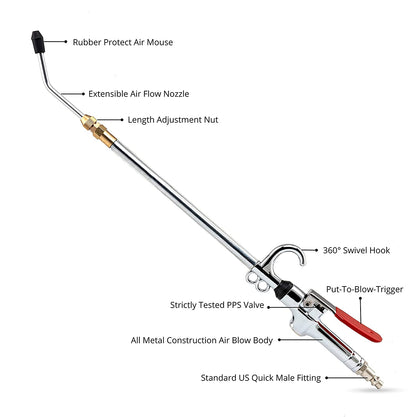 NEIKO 31122A High Flow Air Blow Gun, 17-26 Inch Extensible Air Nozzle Blow Gun, Pneumatic Air Compressor Accessories, Blow Gun Air Tool, Operating Pressure 80-120 PSI, 360 Degree Swivel Hook