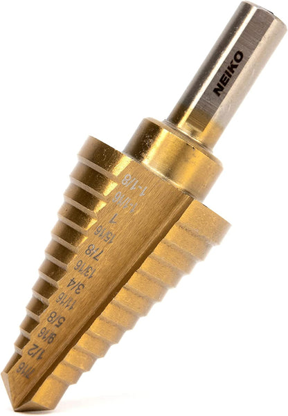 NEIKO 10189A Titanium Step Drill Bit, High-Speed Alloy Steel Bit, Hole Expander for Wood and Metal, 12 Step Sizes from 7/16 Inches to 1 1/8 Inches