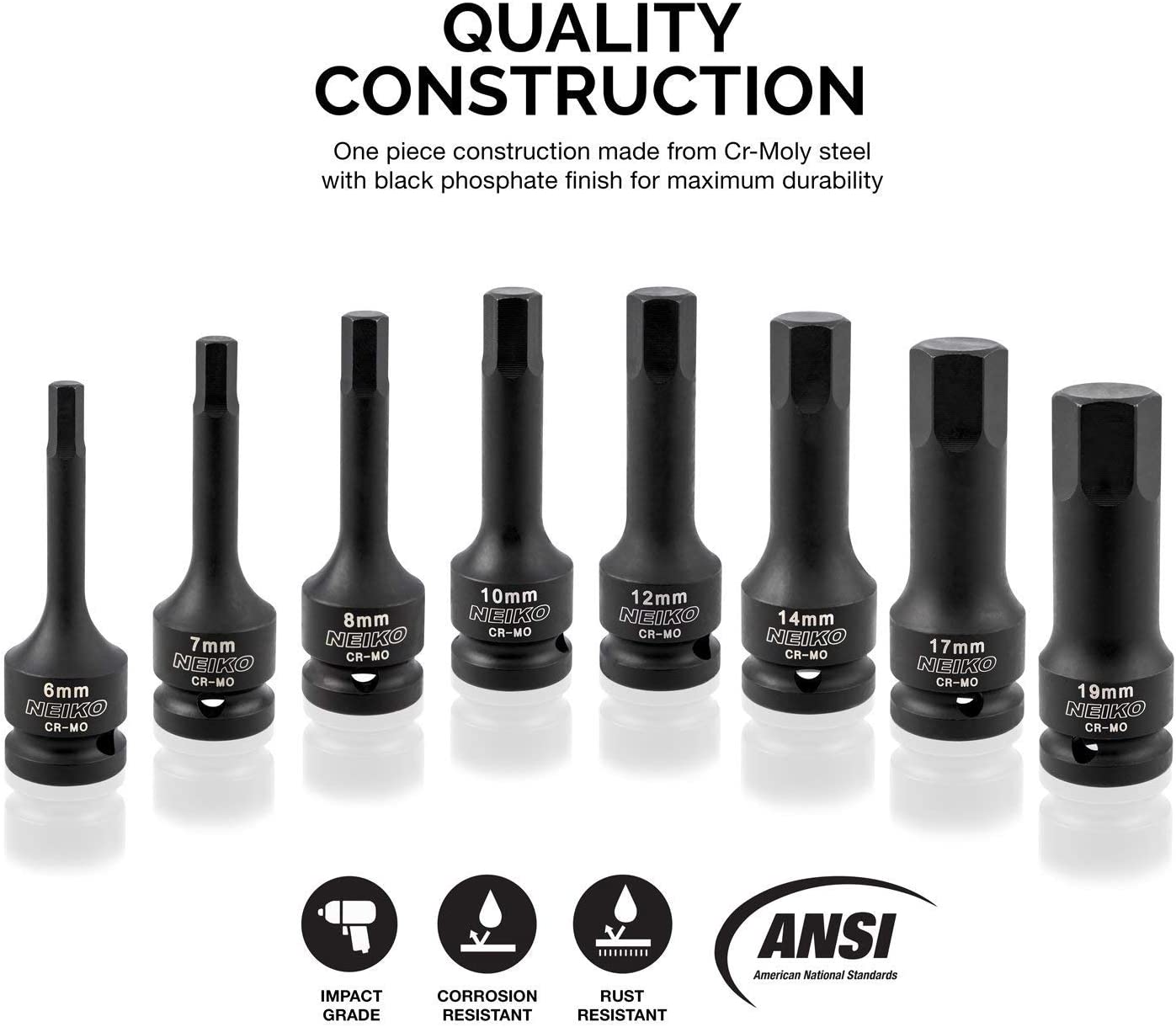 1/2" Drive Allen Hex Impact Socket Set, Metric, 6 mm - 19 mm, Cr-Mo (8-Piece)