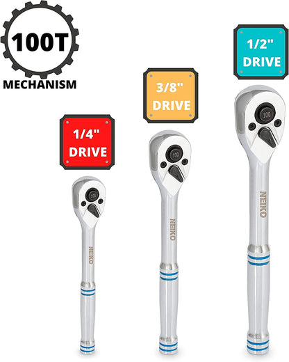 Neiko 03000A 100-Tooth Quick-Release Ratchet-Wrench Set, 1/4-Inch-, 3/8-Inch-, and 1/2-Inch-Drive Ratchets, 3.6-Degree Swing, CrMo Steel, 3-Piece Set