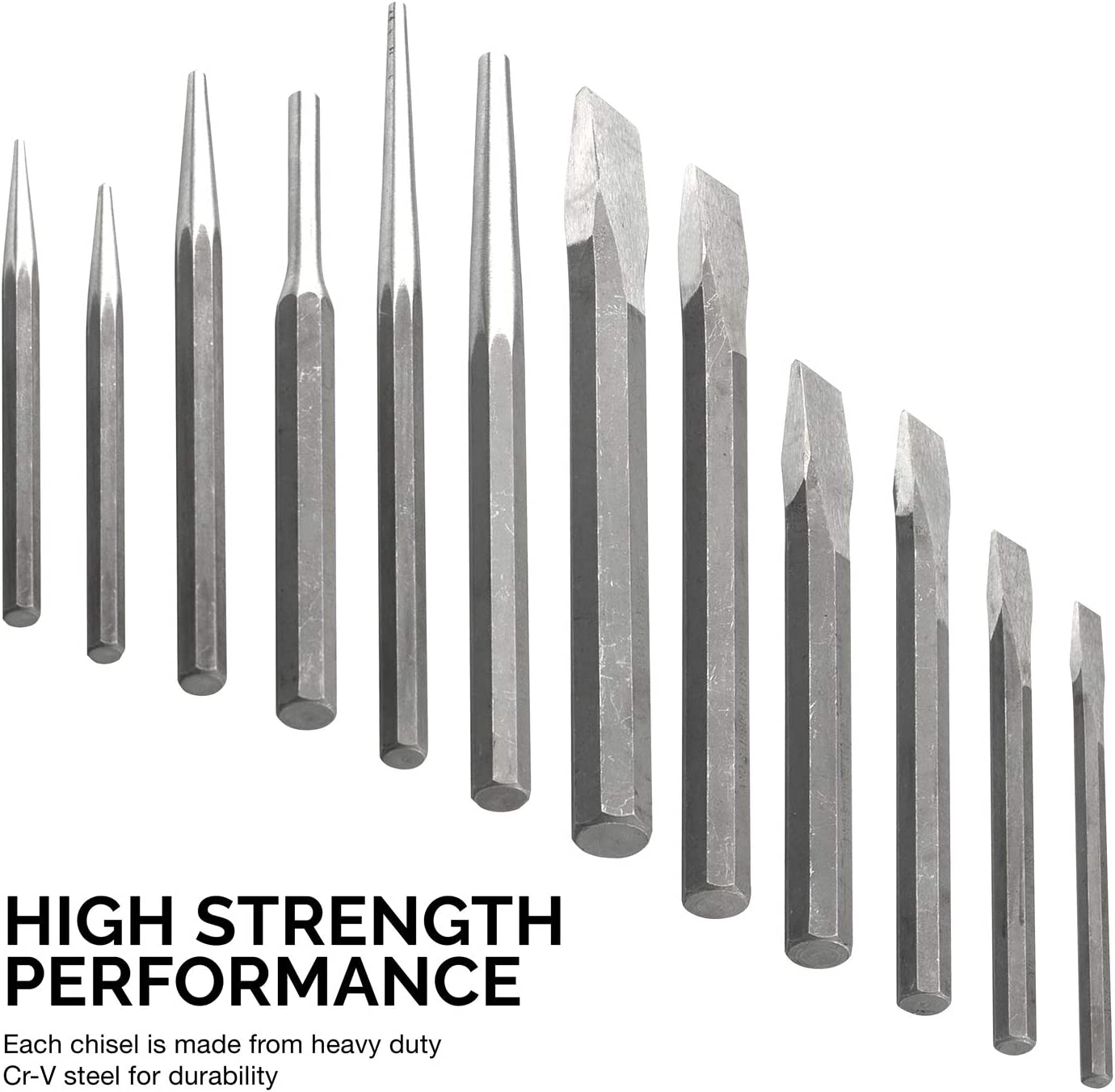 NEIKO 02623A Cold Chisel and Punch Set | 12 Piece | Cr-V Steel | Remove Pins and Bushings | Cut or Split Steel Objects